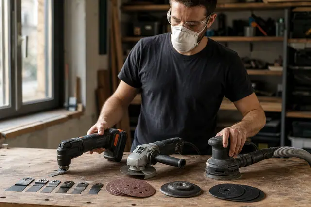 Trois outils d’atelier complémentaires rangés sur un établi avec leurs consommables.