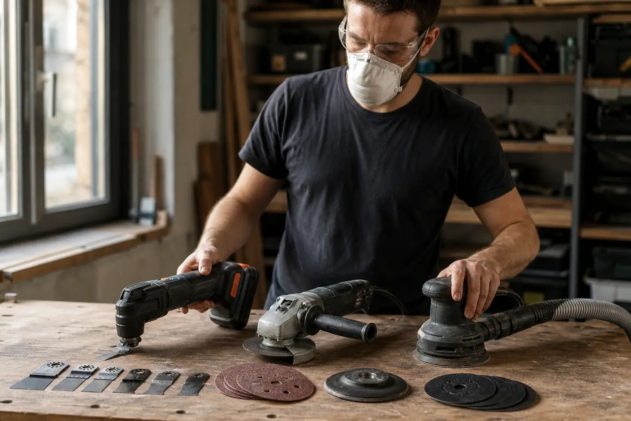 Trois outils d’atelier complémentaires rangés sur un établi avec leurs consommables.