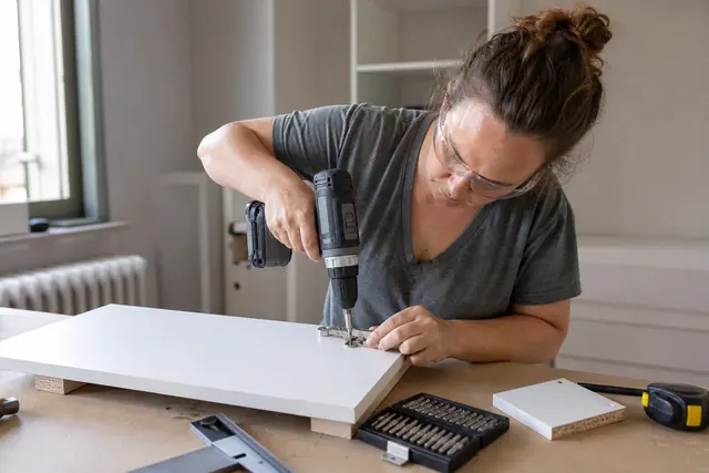 Bricoleuse vissant une charnière sur un panneau mélaminé avec une perceuse compacte.
