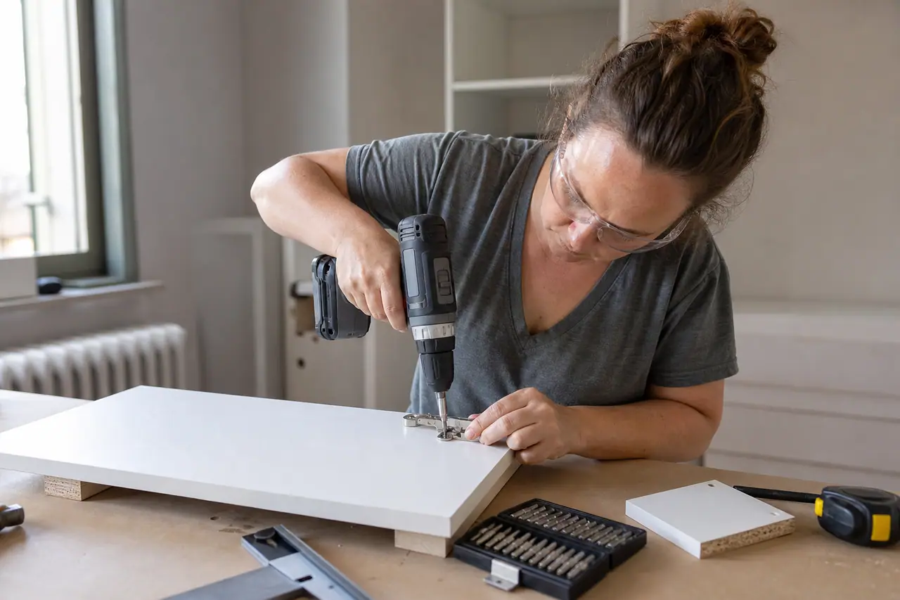 Bricoleuse vissant une charnière sur un panneau mélaminé avec une perceuse compacte.