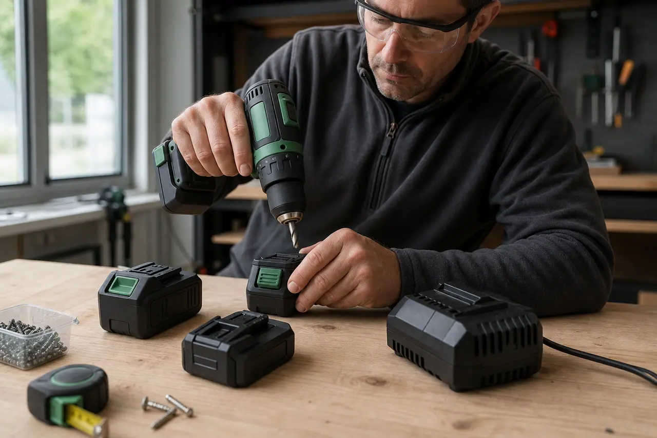 Batteries lithium-ion et chargeur posés près d’une visseuse sans fil