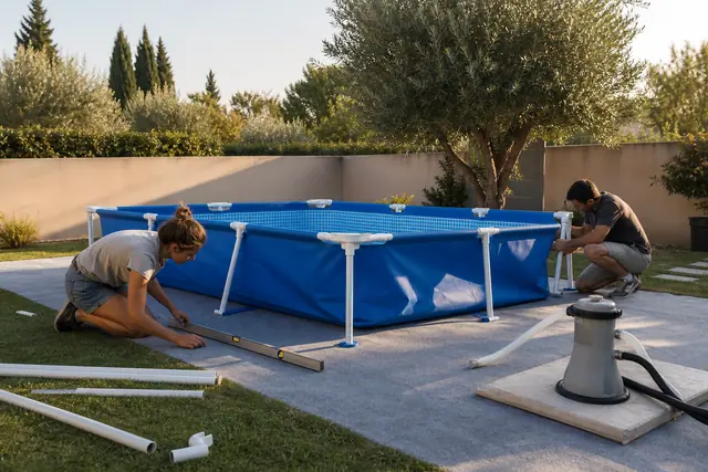 Installation soignée d’une piscine tubulaire sur un terrain parfaitement nivelé.