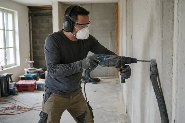 Bricoleur protégé perçant un mur en béton avec perforateur SDS et aspiration.