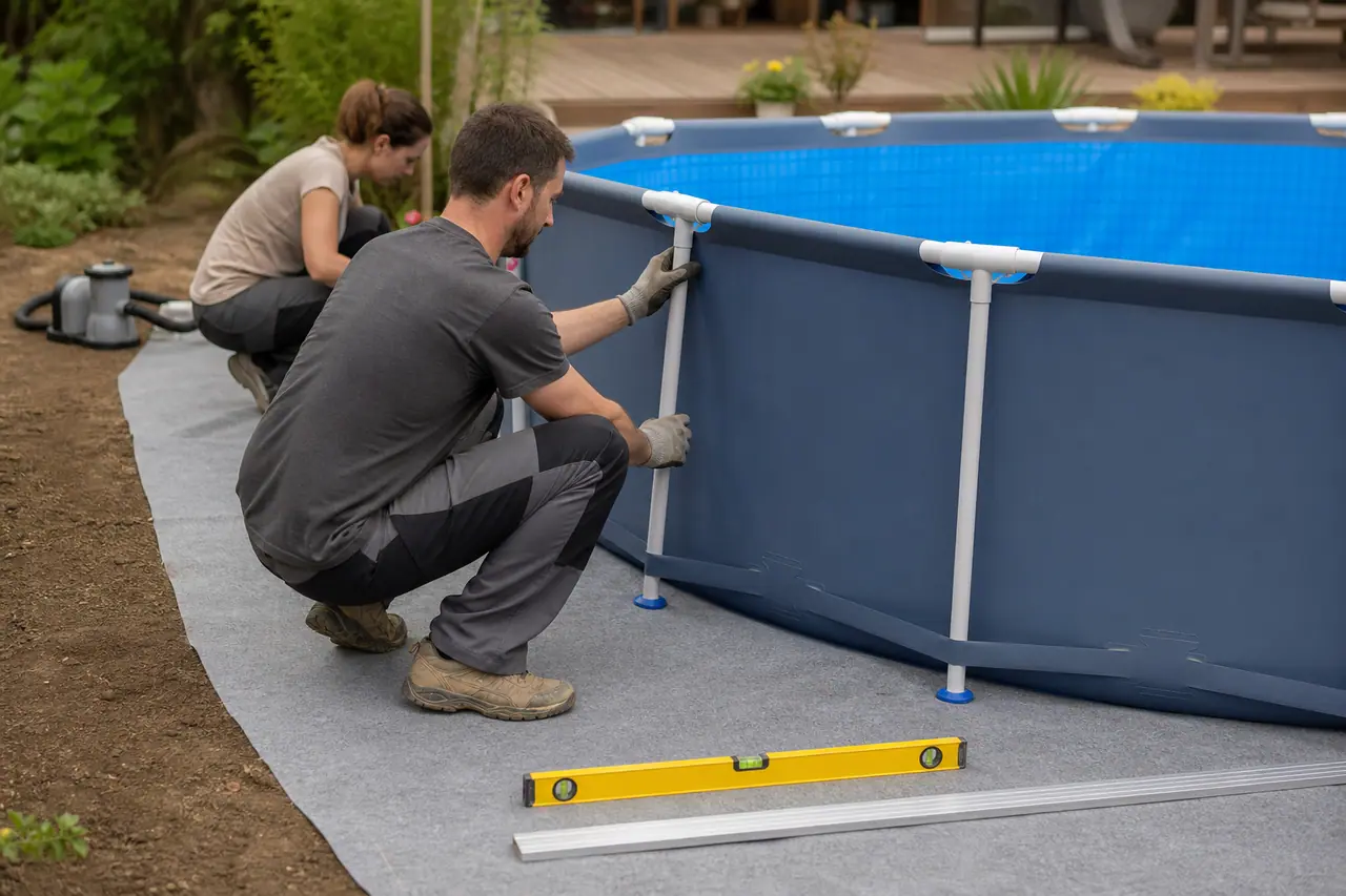 Montage d’une piscine tubulaire sur terrain nivelé avec feutre de protection.