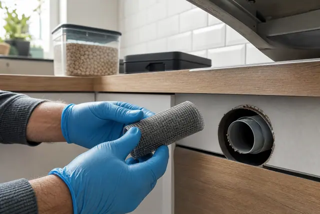Colmatage d’un passage de tuyau sous évier avec grillage métallique fin.