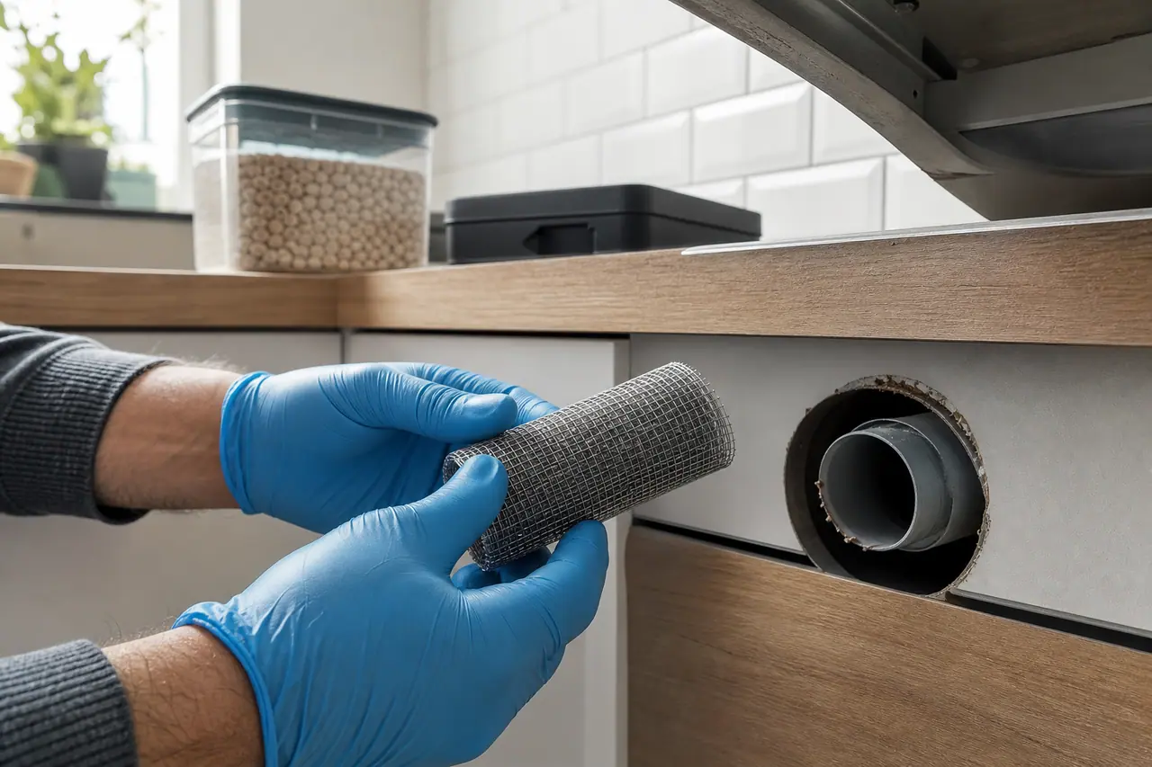 Colmatage d’un passage de tuyau sous évier avec grillage métallique fin.