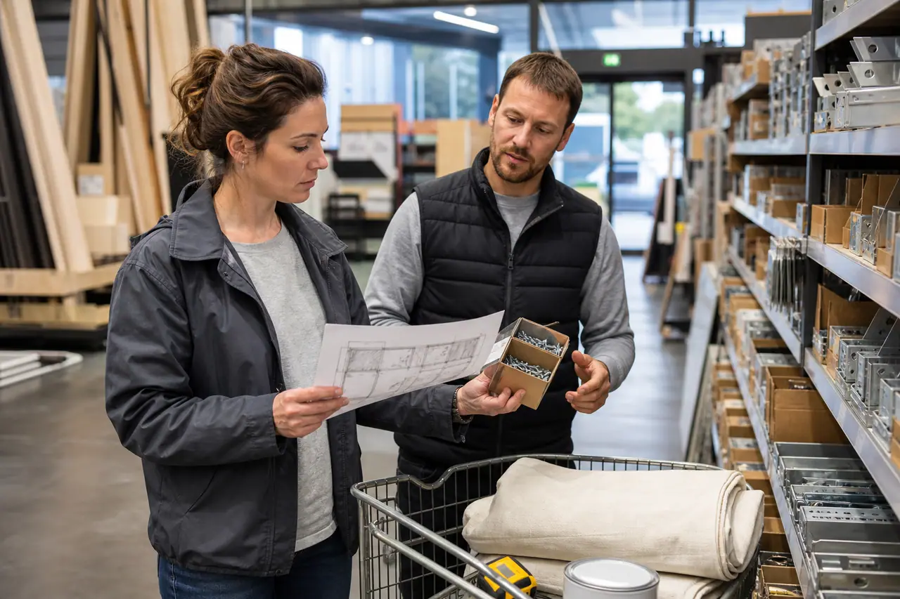 Client préparant ses achats de rénovation dans un magasin de bricolage urbain.
