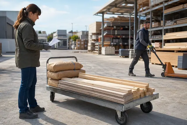 Cliente préparant son achat de matériaux dans une cour de négoce près de Nîmes.