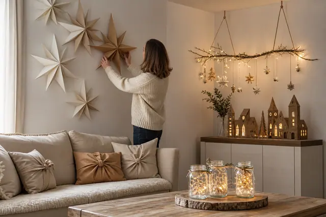 Salon décoré de Noël avec étoiles papier, bocaux lumineux et village en carton.