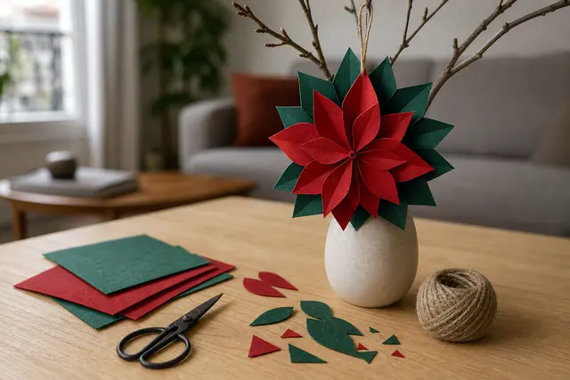 Fleur de Noël en papier plié suspendue à une branche décorative intérieure.