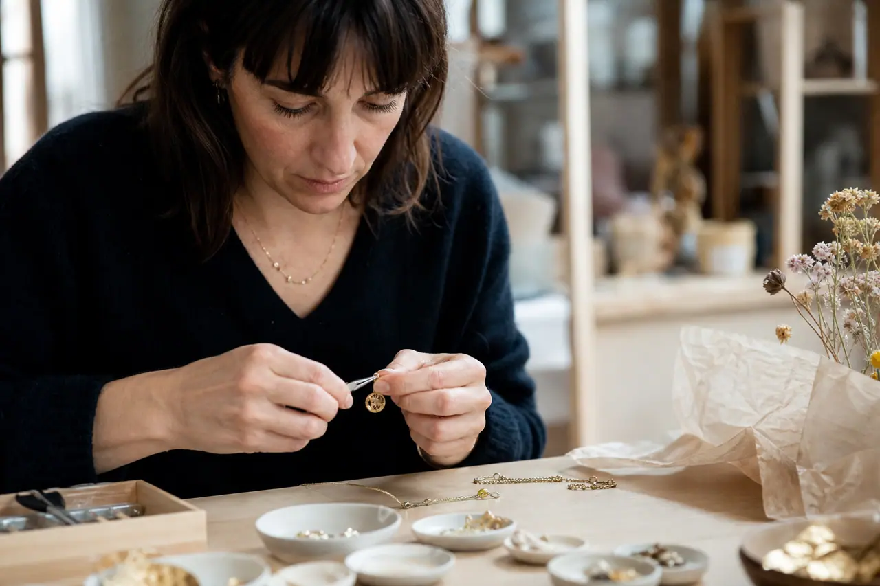 Créatrice assemblant un pendentif personnalisé dans un atelier lumineux près de Reims