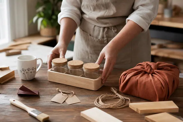 Cadeaux maison en bois, bocaux et tissu préparés sur une table.