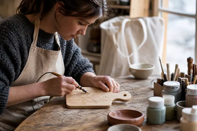 Création d’une planche en bois personnalisée dans un atelier créatif lumineux.