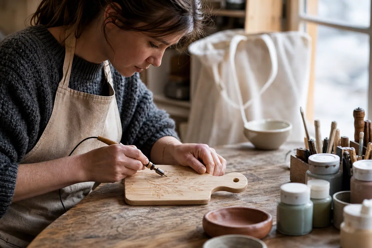 Création d’une planche en bois personnalisée dans un atelier créatif lumineux.