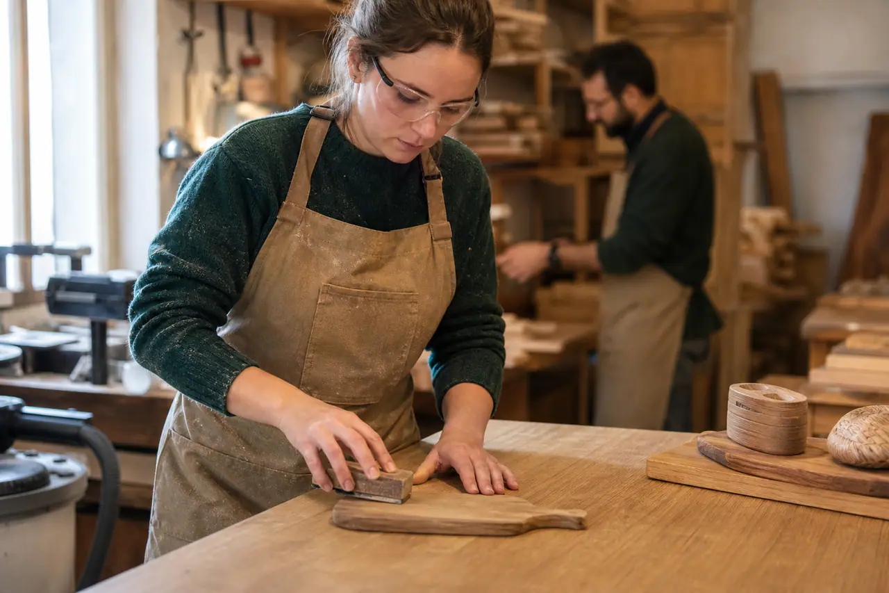 Débutante ponçant une petite planche cadeau dans un atelier bois encadré.