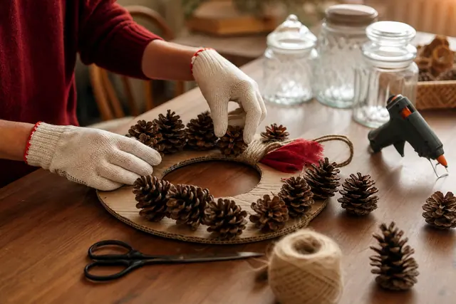 Couronne recyclée en carton garnie de pommes de pin et ficelle sur table.