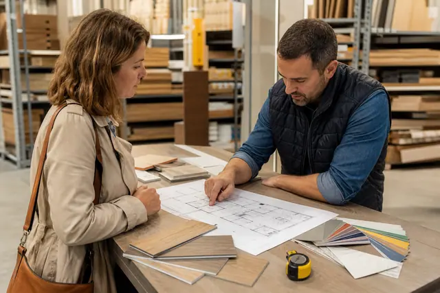 Cliente échangeant sur un plan de rénovation avec un conseiller en magasin.