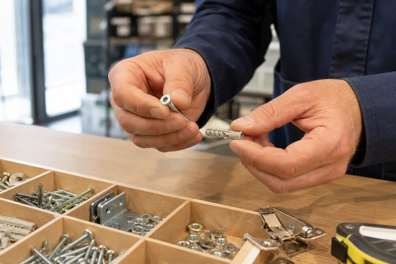 Client comparant vis, chevilles et équerres sur un comptoir de quincaillerie.