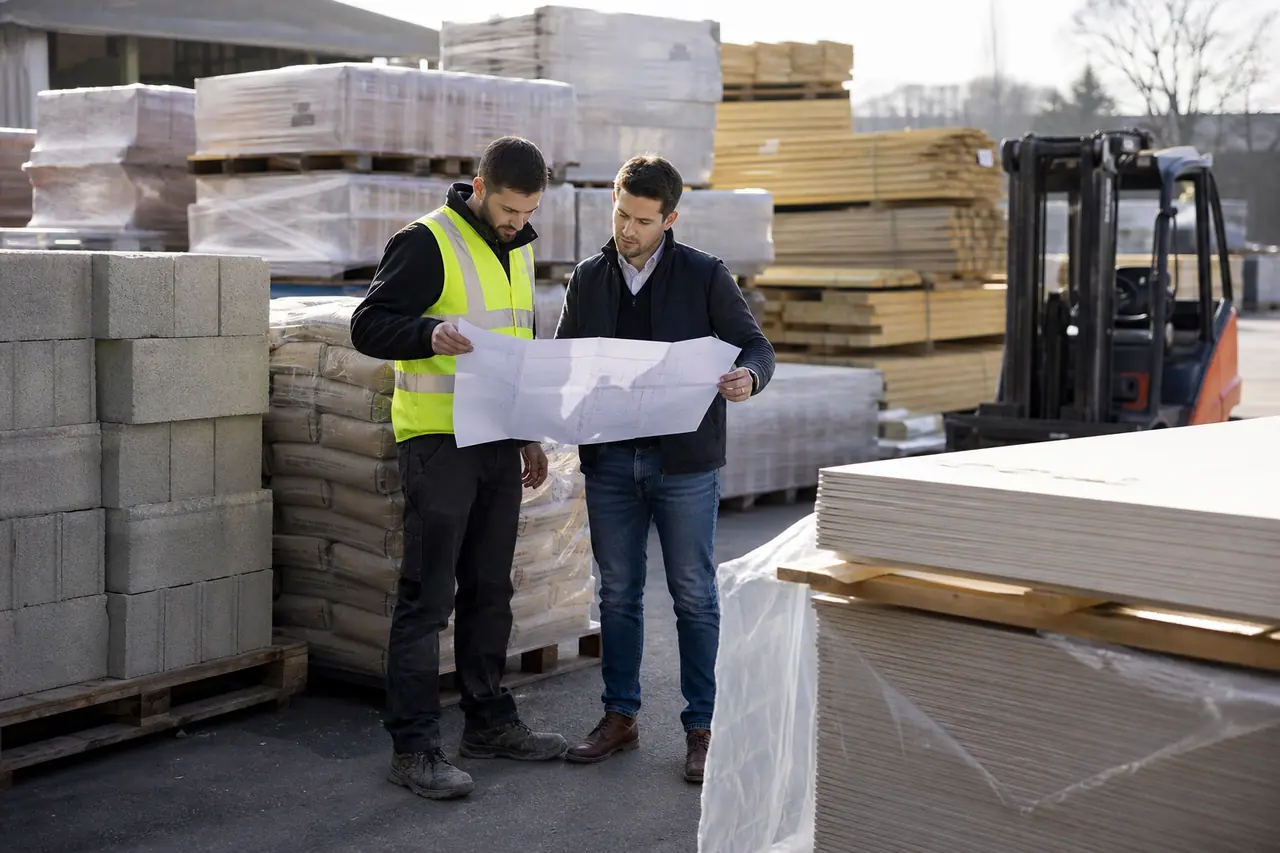 Particulier préparant une commande de matériaux avec un vendeur en cour de négoce.