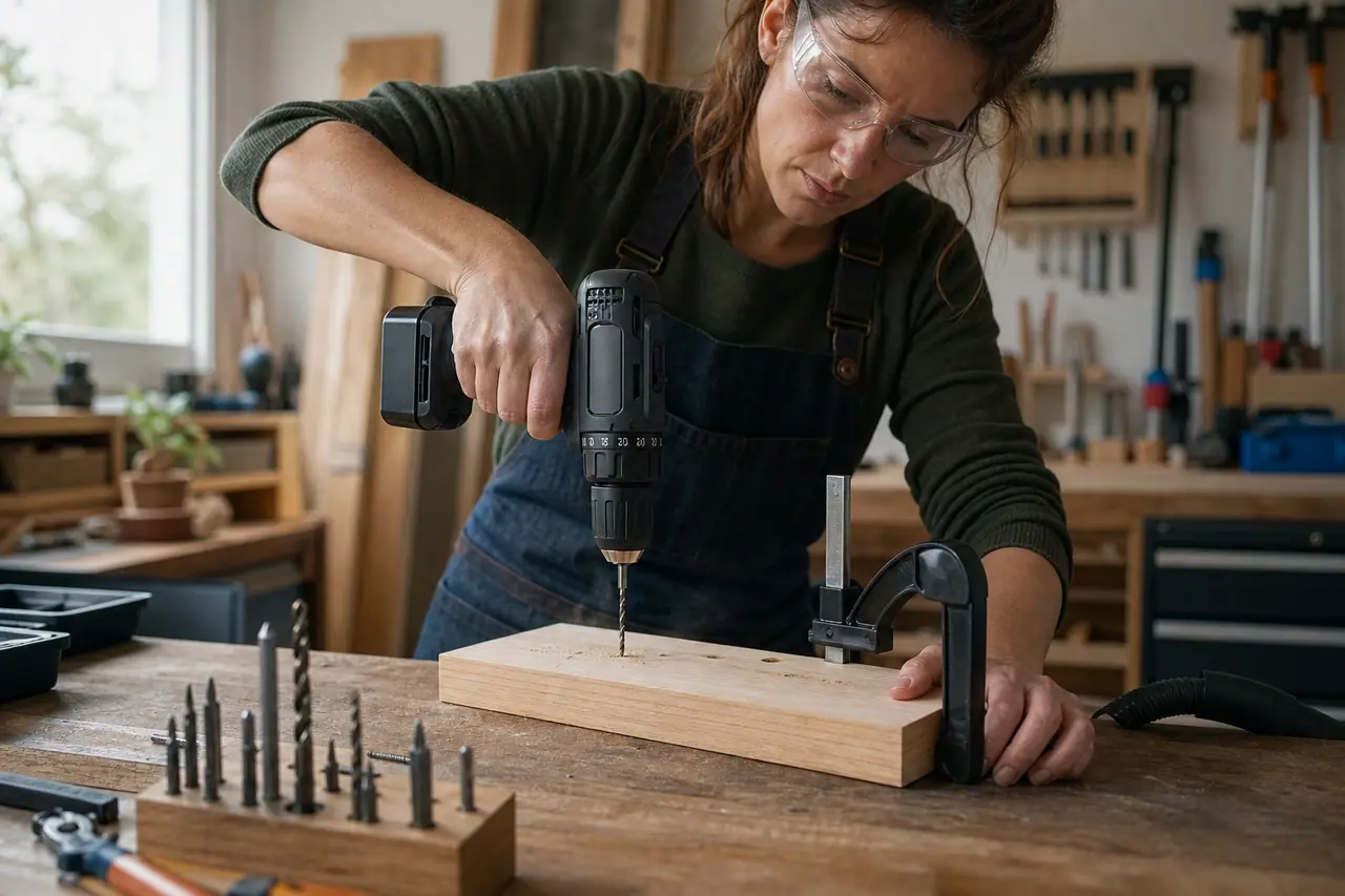 Bricoleuse utilisant une perceuse-visseuse sur une planche de bois fixée à l’établi
