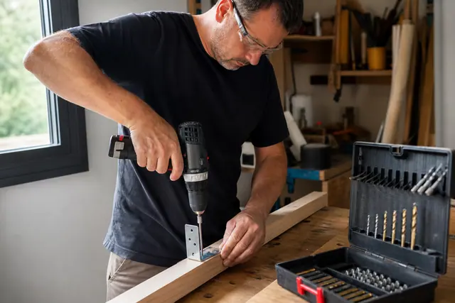 Bricoleur équipé vissant une équerre sur un tasseau avec une visseuse compacte.