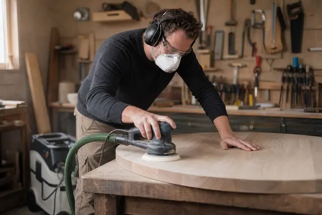 Bricoleur ponçant une table en bois avec ponceuse excentrique et aspirateur raccordé.