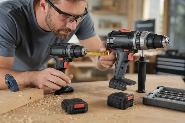Bricoleur comparant deux perceuses-visseuses sur un établi avec forets et batteries.