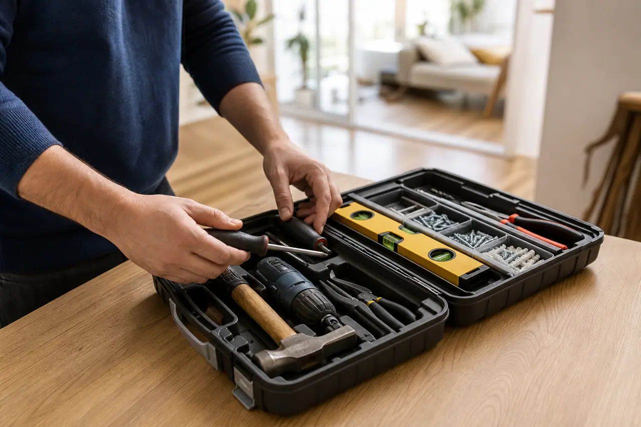 Boîte à outils compacte organisée sur une table dans un appartement lumineux.