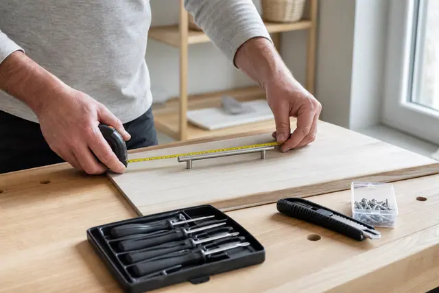 Trois outils manuels sur établi pour remplacer une poignée de meuble