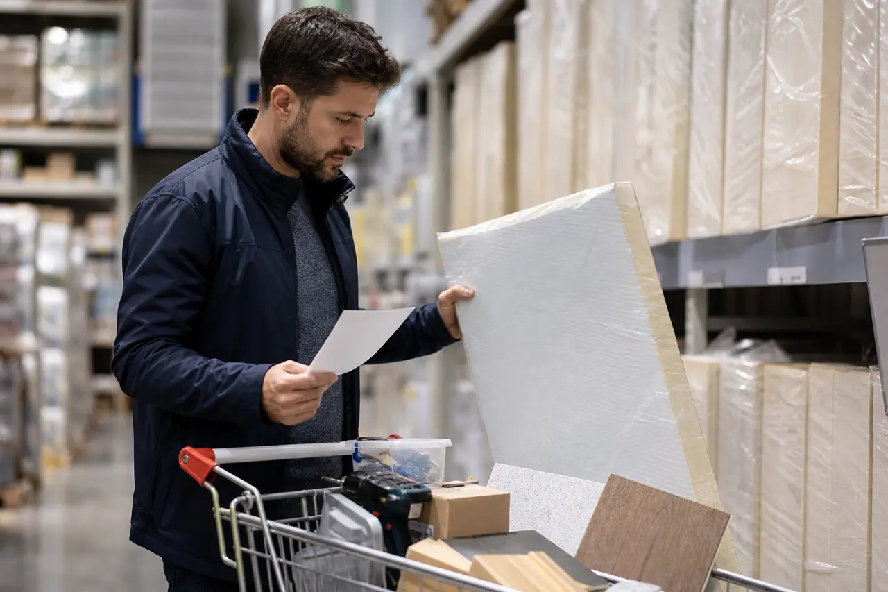 Client comparant des paquets d’isolant et outils dans un magasin de bricolage.