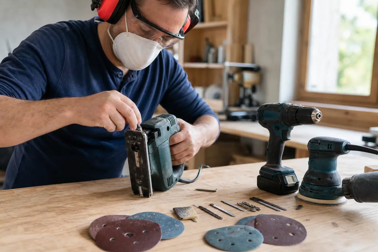 Trois outils de bricolage sur établi avec bricoleur équipé de protections
