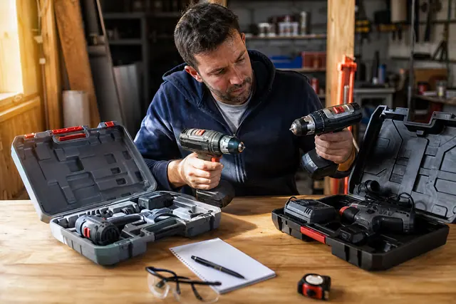 Particulier comparant deux kits de perceuse avec batteries et chargeur sur établi.