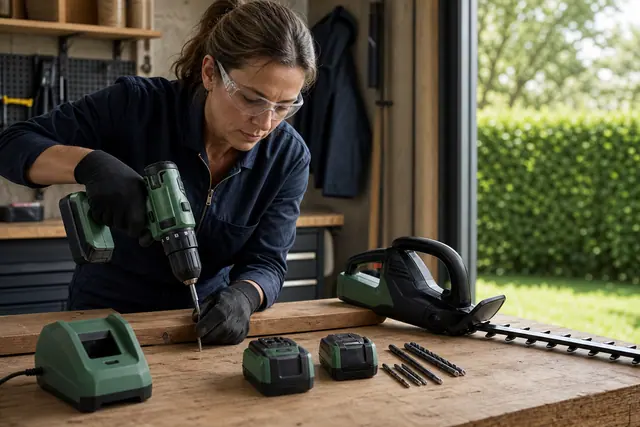 Bricoleuse équipée comparant perceuse sans fil, batteries et outils de jardin sur établi.