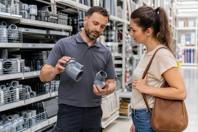 Conseiller en magasin de bricolage présentant des raccords à une cliente