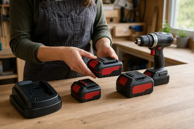 Trois batteries d’outils sans fil de tailles différentes sur un établi.