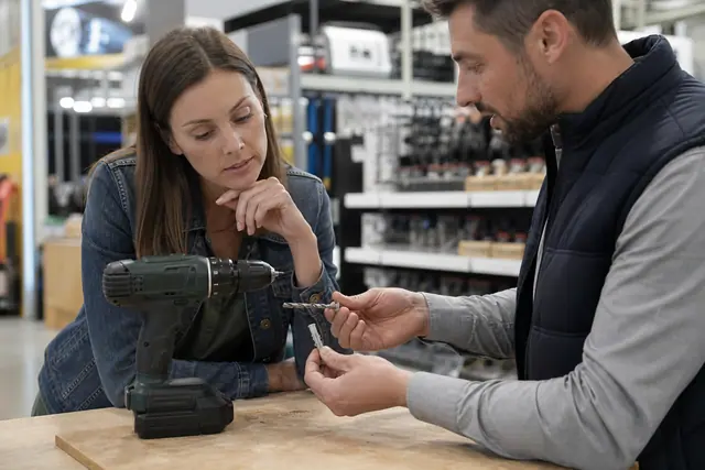 Cliente comparant une perceuse et des accessoires avec un conseiller en magasin.