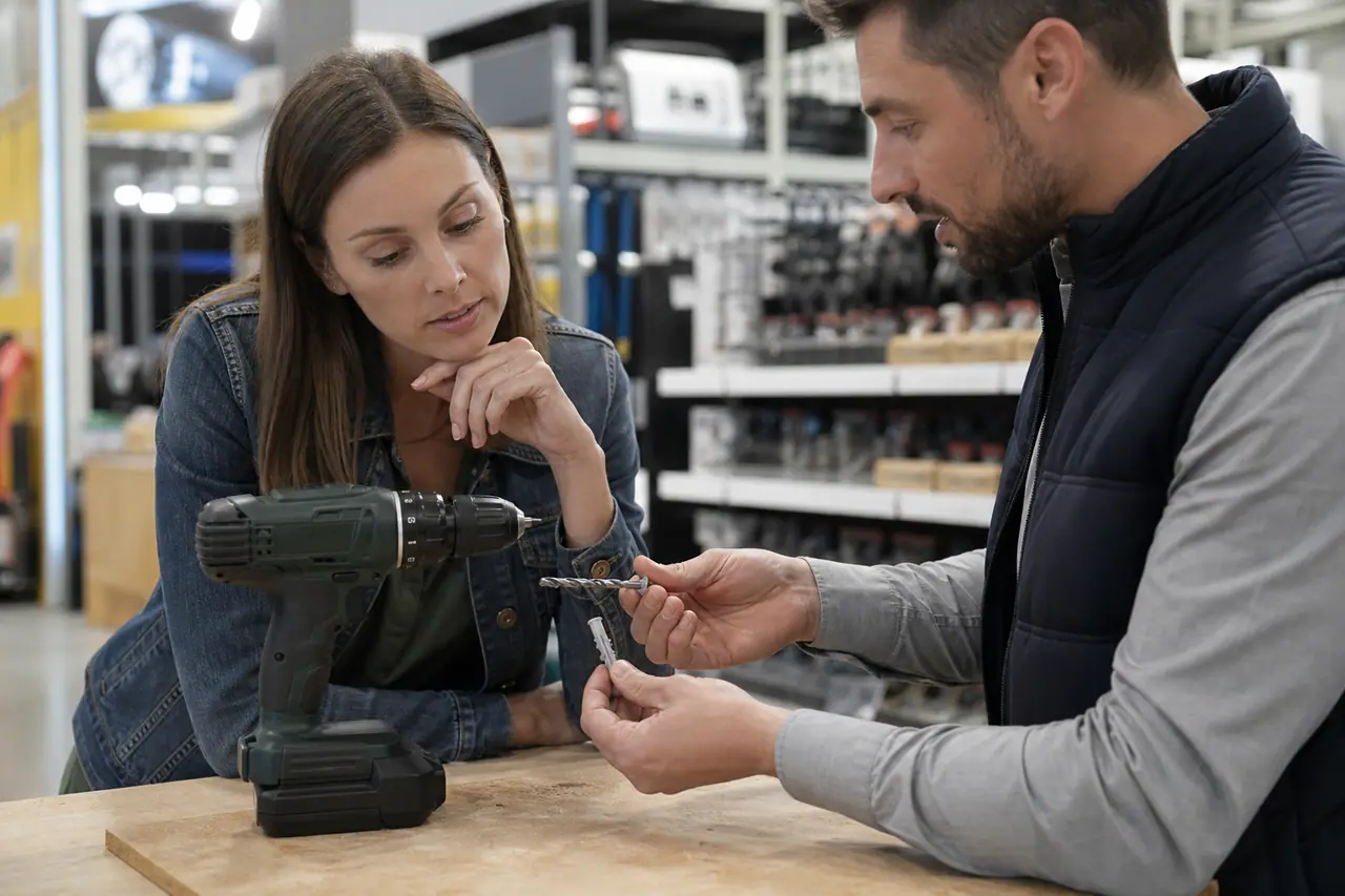 Cliente comparant une perceuse et des accessoires avec un conseiller en magasin.