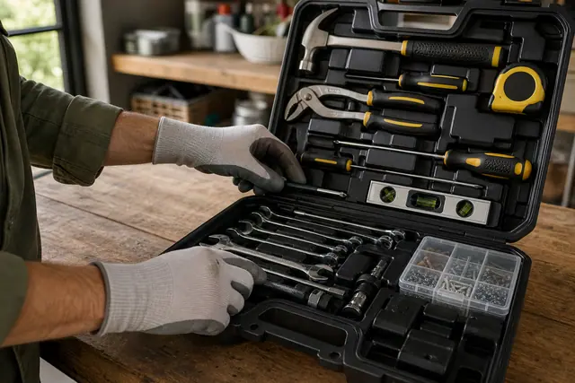 Coffret d’outils ouvert et rangé sur un établi de maison.