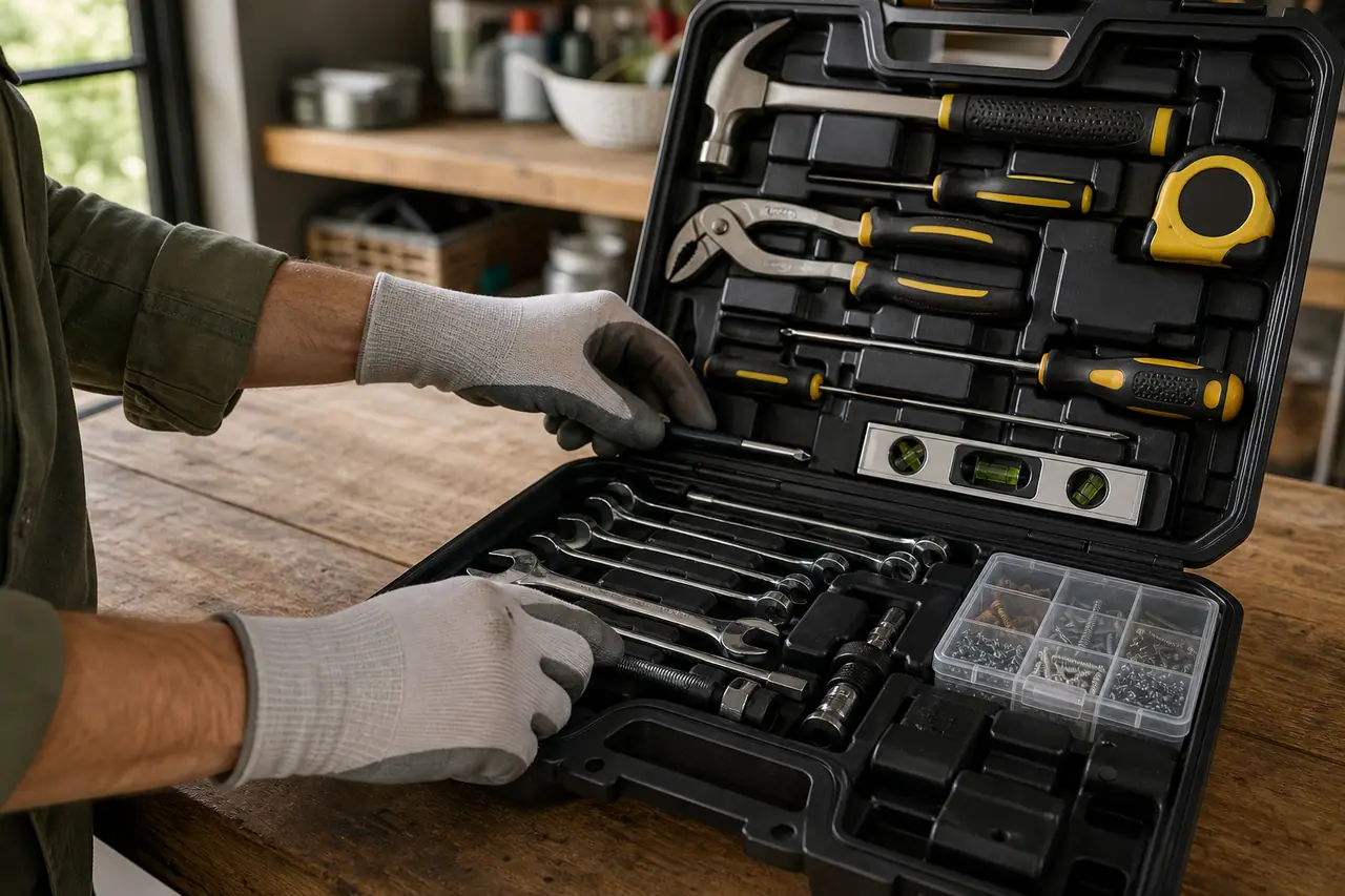 Coffret d’outils ouvert et rangé sur un établi de maison.