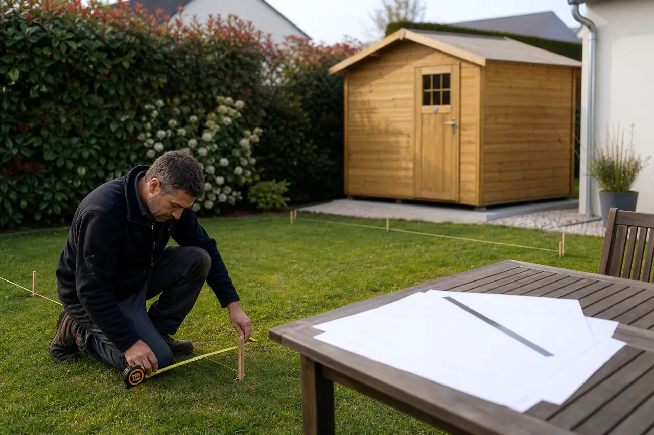 Propriétaire mesurant l’emplacement d’un abri de jardin avant son installation.