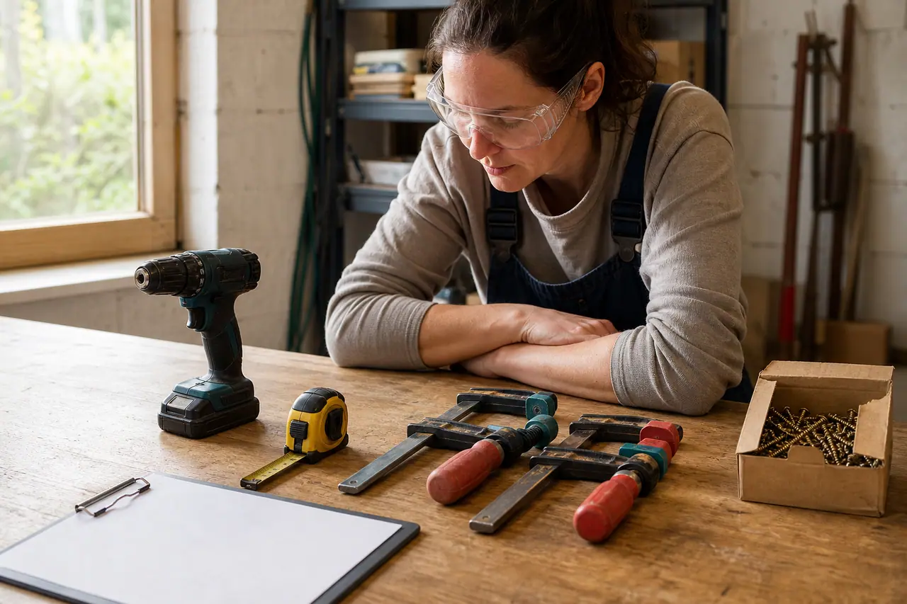 Bricoleuse comparant une perceuse, un mètre et des serre-joints sur établi.