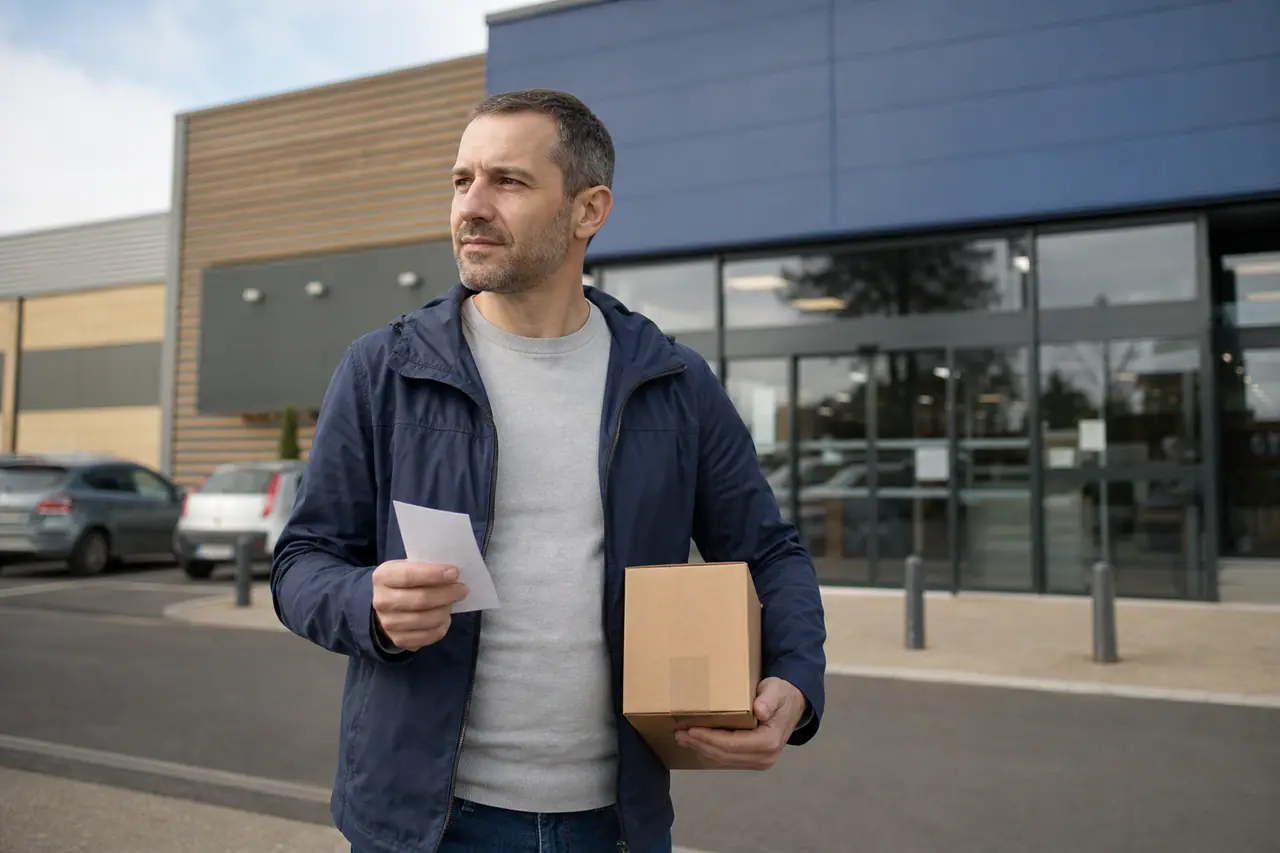 Client vérifiant son déplacement devant un magasin de bricolage aux portes fermées.