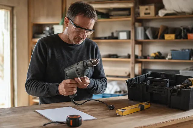 Bricoleur contrôlant une perceuse filaire d’occasion sur un établi bien rangé.