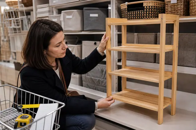 Cliente vérifiant une étagère et ses dimensions dans un magasin de rangement.