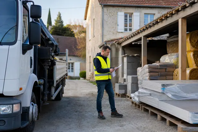 Particulier contrôlant des palettes de matériaux livrées devant une maison en rénovation.