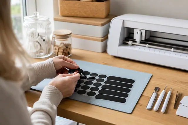 Découpe d’étiquettes en vinyle pour bocaux sur un tapis de machine créative.