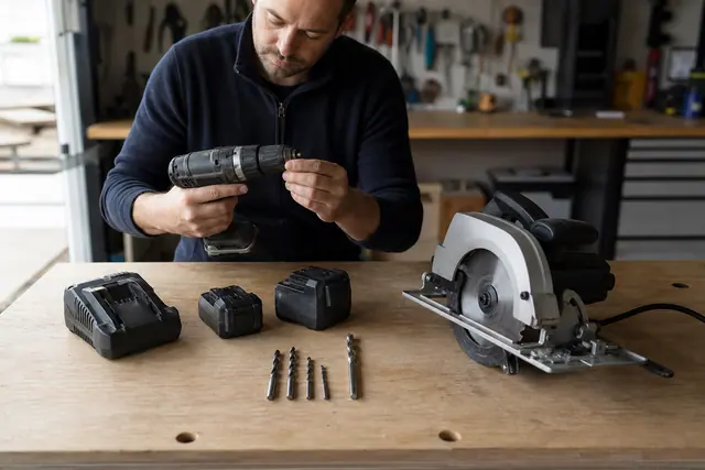 Particulier comparant une perceuse sans fil et ses batteries sur un établi
