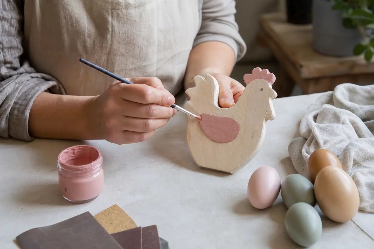 Personne peignant une poule en bois avec des couleurs pastel sur table d’atelier.