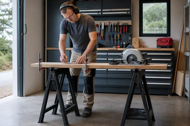 Bricoleur équipé préparant une planche serrée dans un atelier domestique rangé.