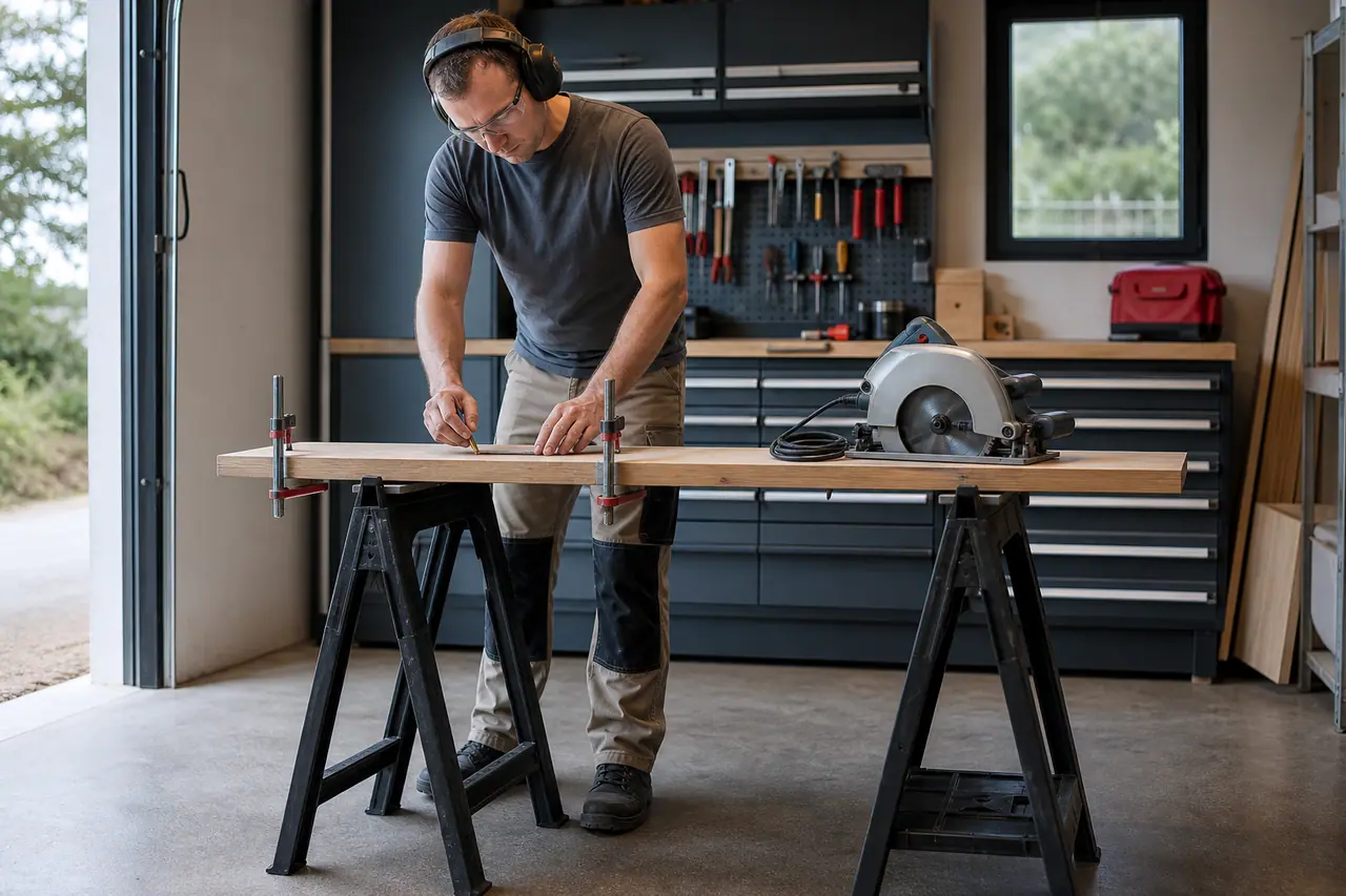Bricoleur équipé préparant une planche serrée dans un atelier domestique rangé.